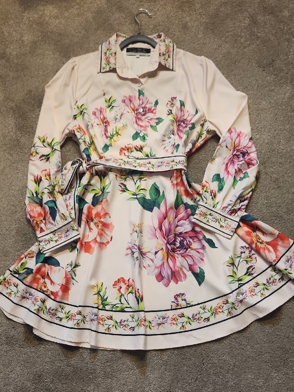Dalia MacPhee Pink Floral Belted Collared Floral Midi Dress - Picture 3 of 12